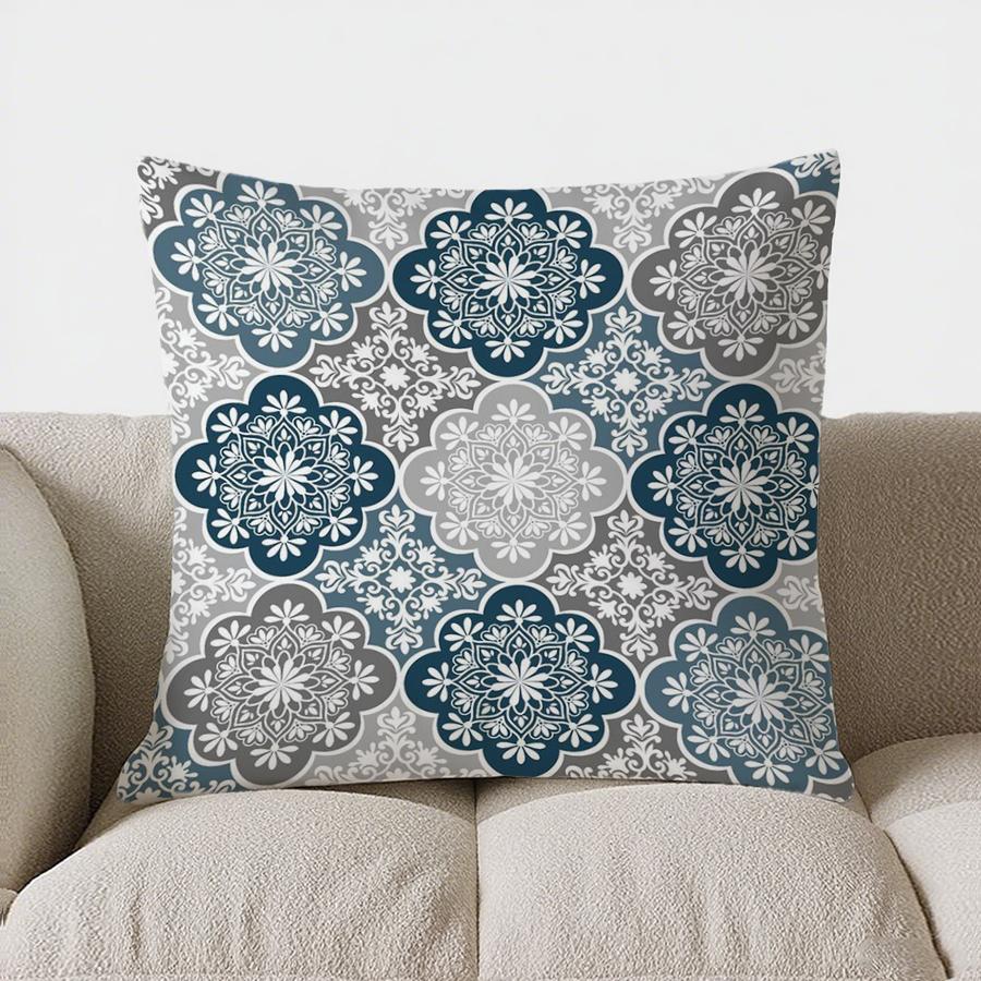 Blue  White Floral Mandala Pattern Doublesided Printed Pillow Cover Short Plush Suitable Living Room Sofas Throw Cushion Cover