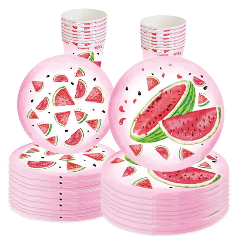 Pink Watermelon Birthday Disposable Tableware Fruit Watermelon Plates Napkins Cups Tablecloth Girls Happy Birthday Party Decor
