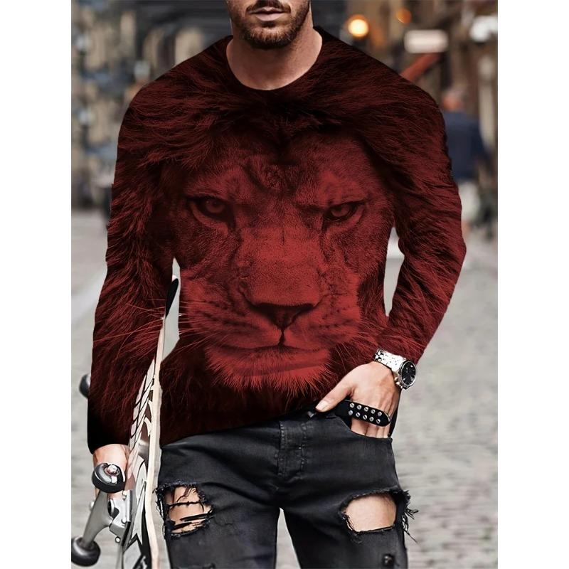 Spring and Autumn Round Neck 3D Lion Pattern Printed Top Fashionable Casual Long Sleeved Men's T-shirts
