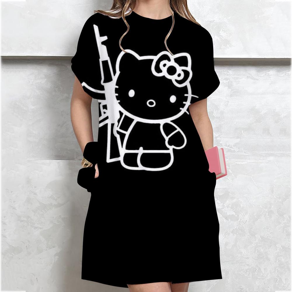 Vestido Camiseta Casual de Manga Corta para Mujer Estampado Vintage de Hello Kitty Vestido Mini Holgado Vestido Mini Elegante y Sencillo Ropa de Calle Vestido de Verano