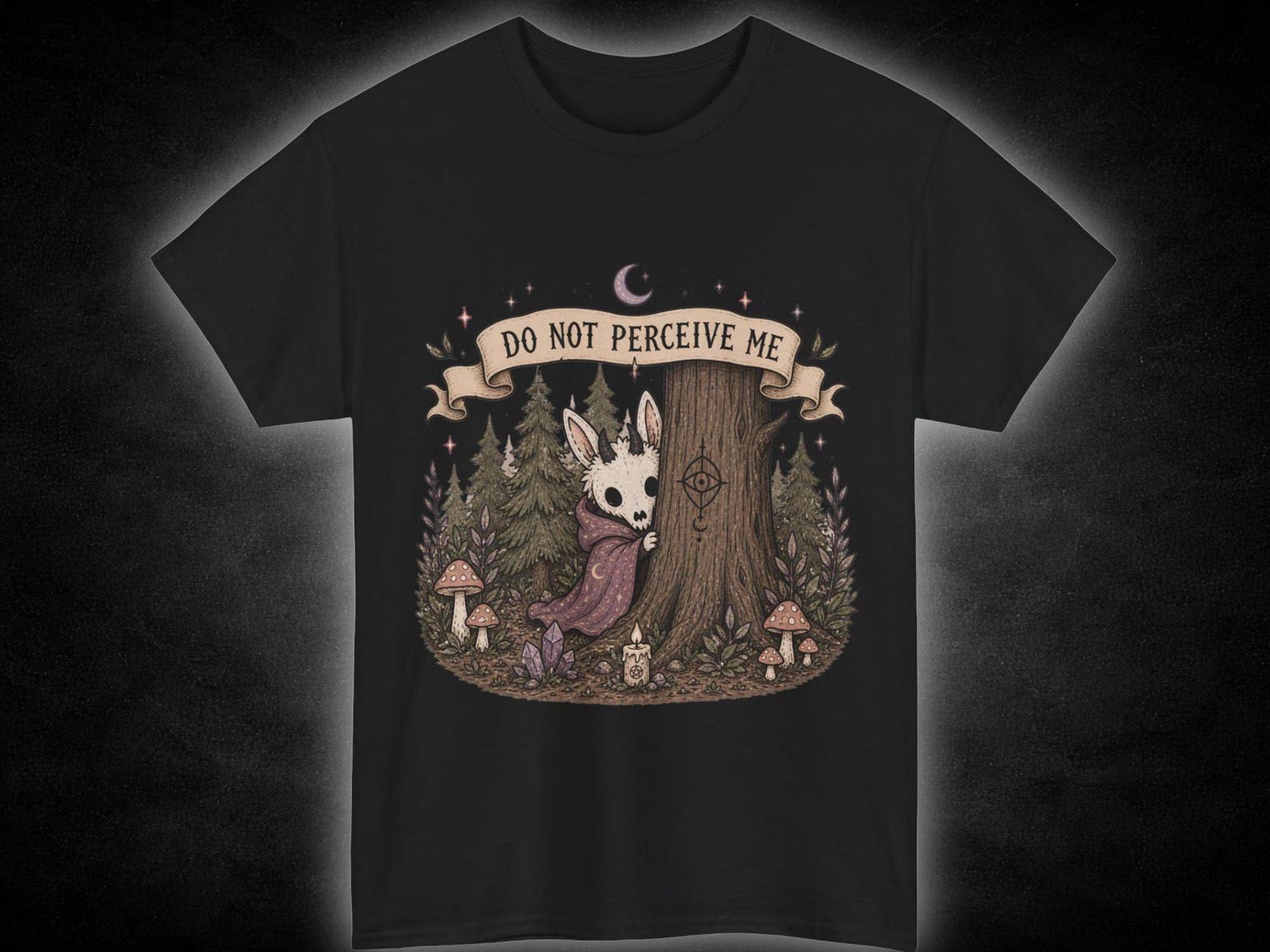 Do Not Perceive Me forest creature illustration T-Shirt | whimsical woodland, mushrooms, trees S