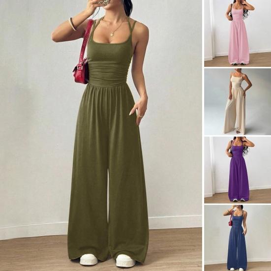 Tuta estiva da donna senza maniche con spalline sottili, outfit intero, casual, pantaloni lunghi a gamba larga, tute