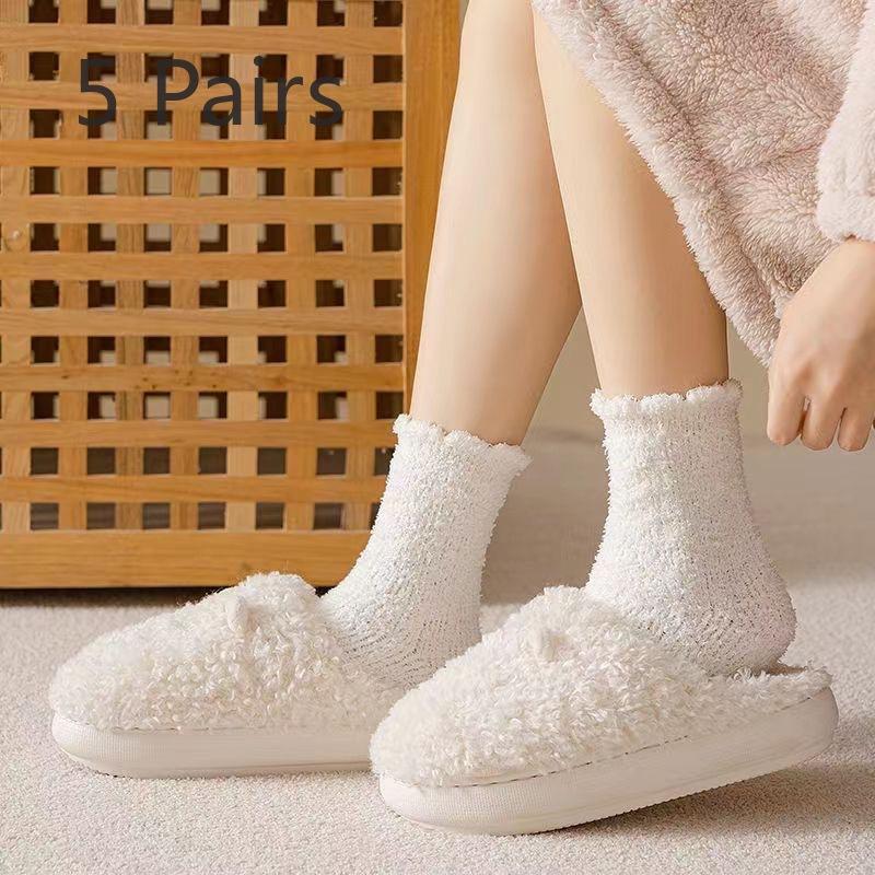 5 Pairs of Women's Winter Velvet and Thick Twist Solid Color Floor Socks