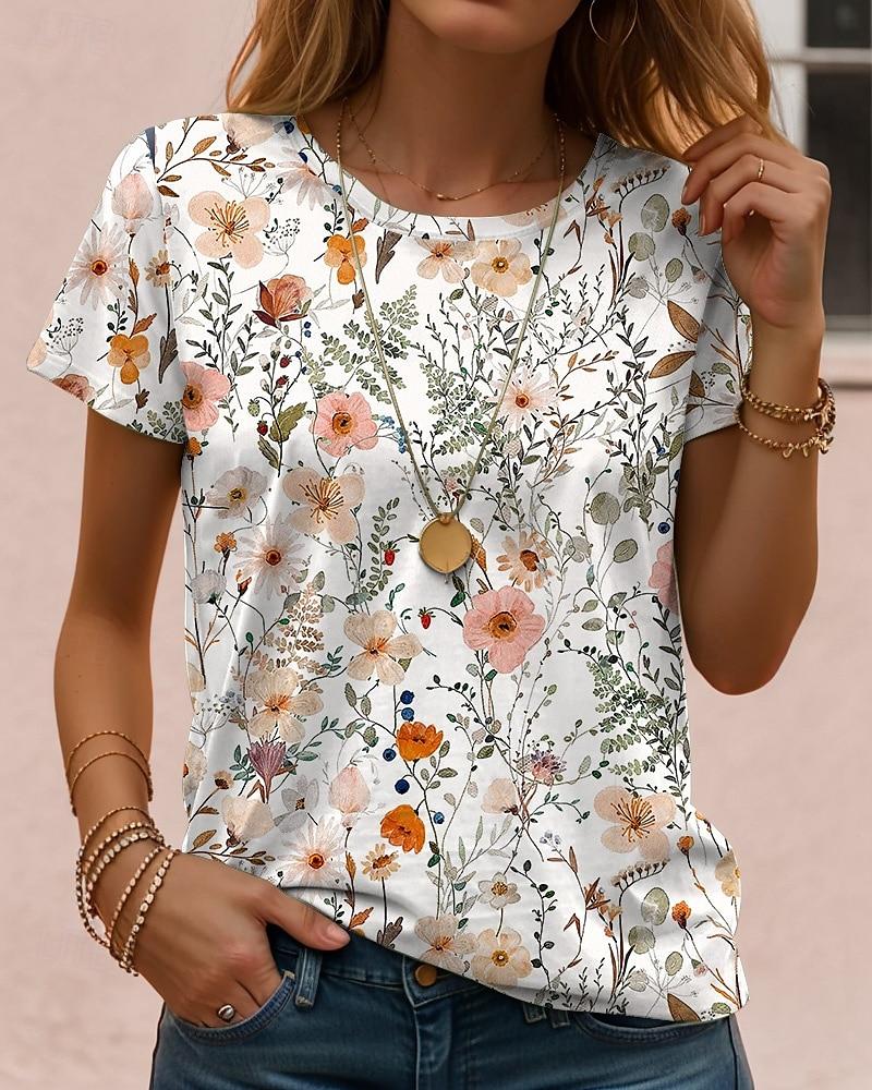 Floral Print Casual T Shirt Crew Neck Short Sleeve Tee For Women Summer Holiday Travel And Daily Outfits