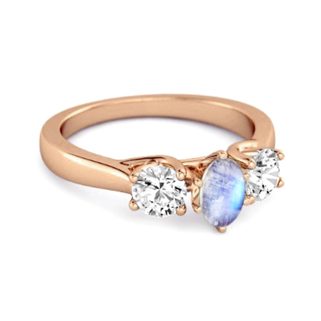 Three Stone Natural Moonstone 925 Sterling Silver Rose Gold Vermeil Engagement Ring