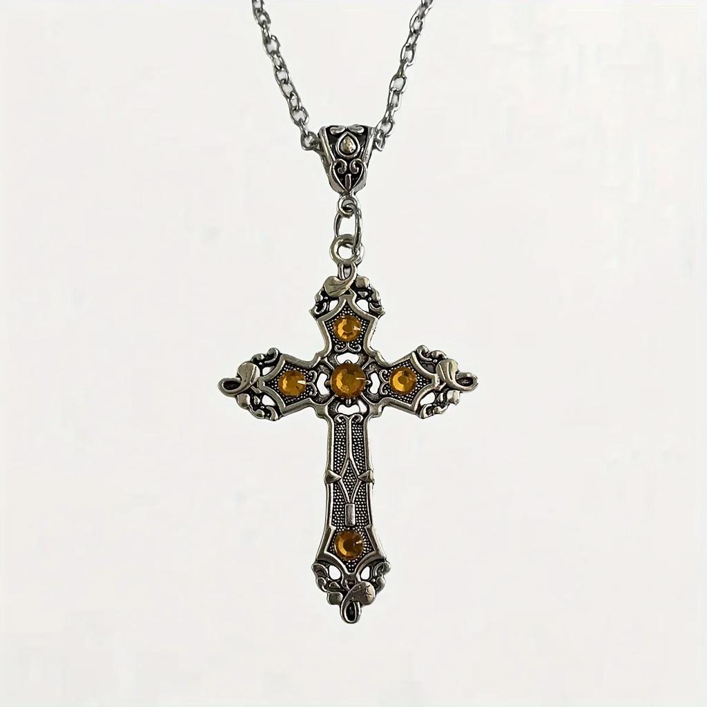 Gothic black ruby cross pendant men's women's necklace European and American retro simple fashion jewelry gifts