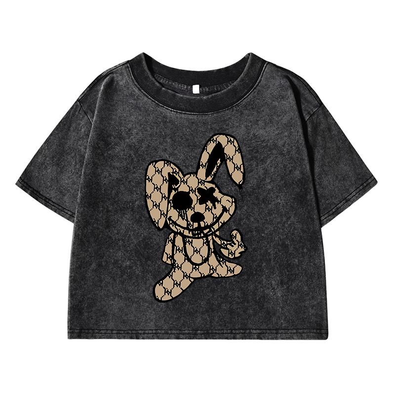 Cute Rabbitprinting Women Wash Short T Shirt Summer Breathable Street Tees Casual Distress Midriff-Baring Tops Female