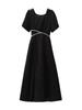 Elegant French Hepburn Style Black Long Dress for Plus Size Women - Slimming Belly Covering Summer Wear