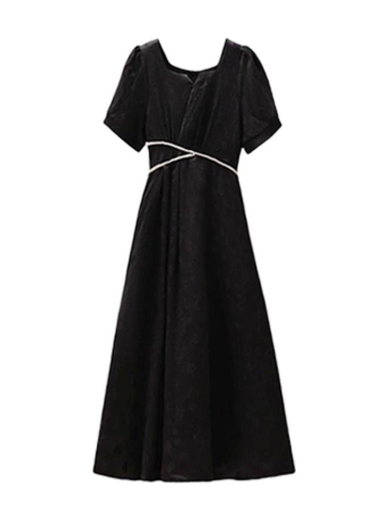 Elegant French Hepburn Style Black Long Dress for Plus Size Women - Slimming Belly Covering Summer Wear