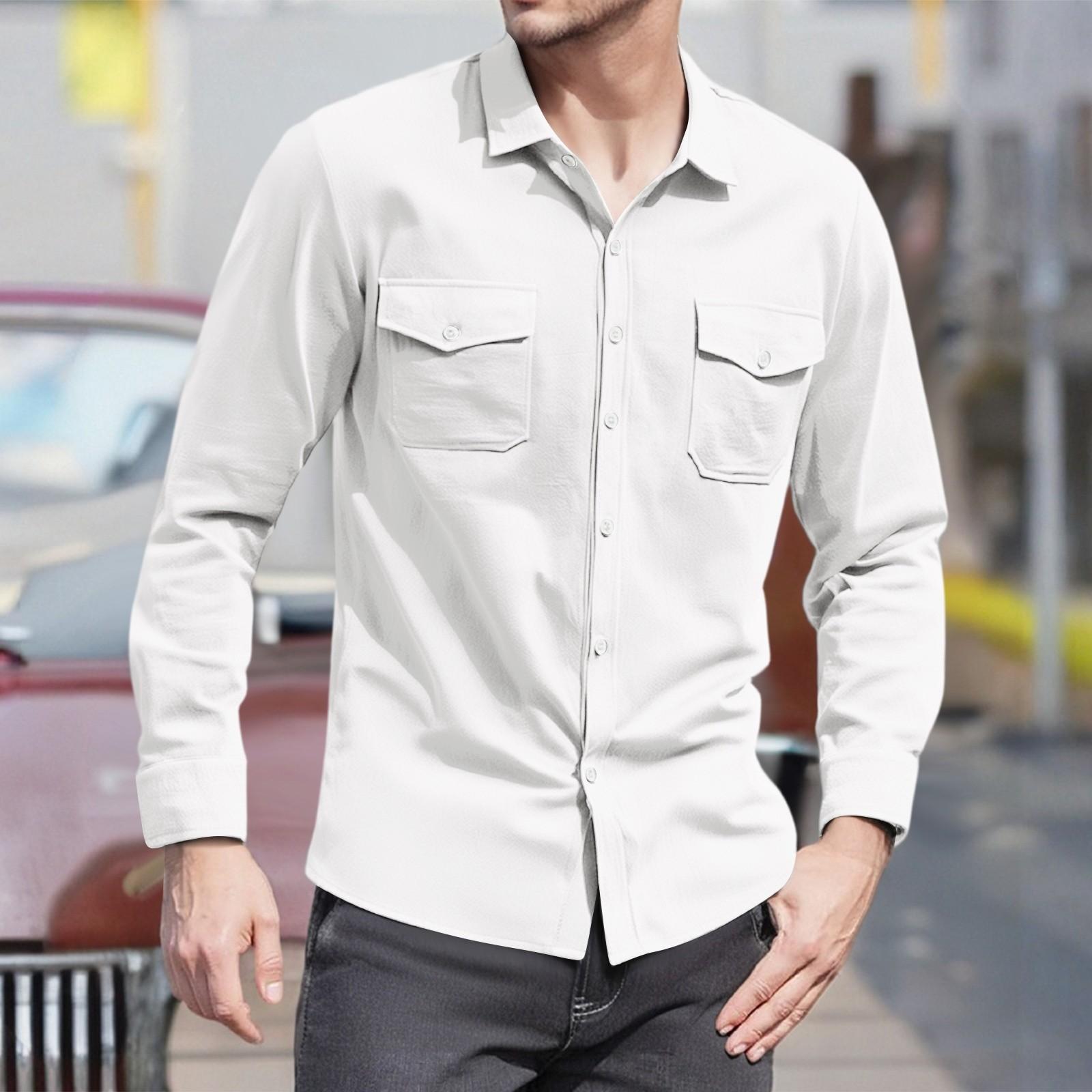 

Men s Casual Shirt - Lapel Collar Pocket Button Long-Sleeve Shirt L білий