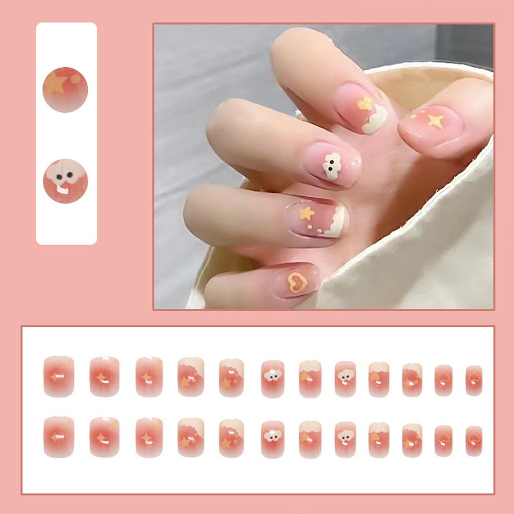 Blush Short Fake Nails with Cloud Printed Lightweight and Easy to Stick Fake Nail for Women and Girl Nail Salon