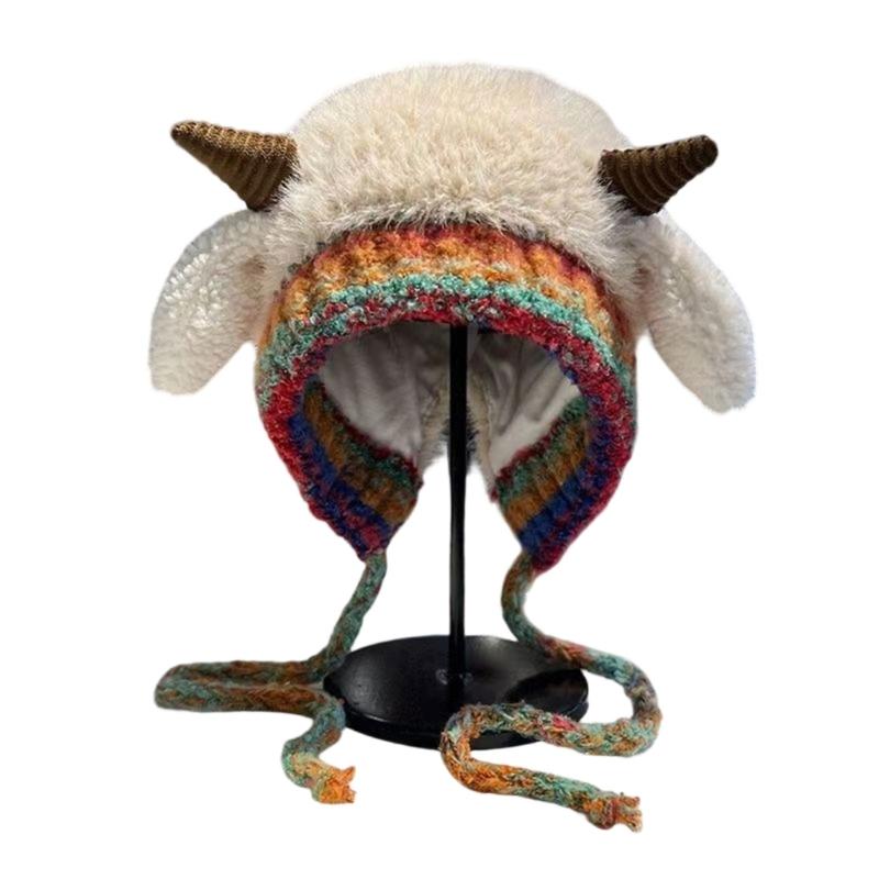 Plush Horn Knitted Hat With Soft Pompoms For Women Men Kids Winter Outdoor Activity Multiple Colors