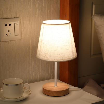 Modern Table Lamp 5V USB Powered Nightstand Lamp Eye-Care Soft Warm Light Bedside Lamp Wood Base Fabric Lampshade Desk Light