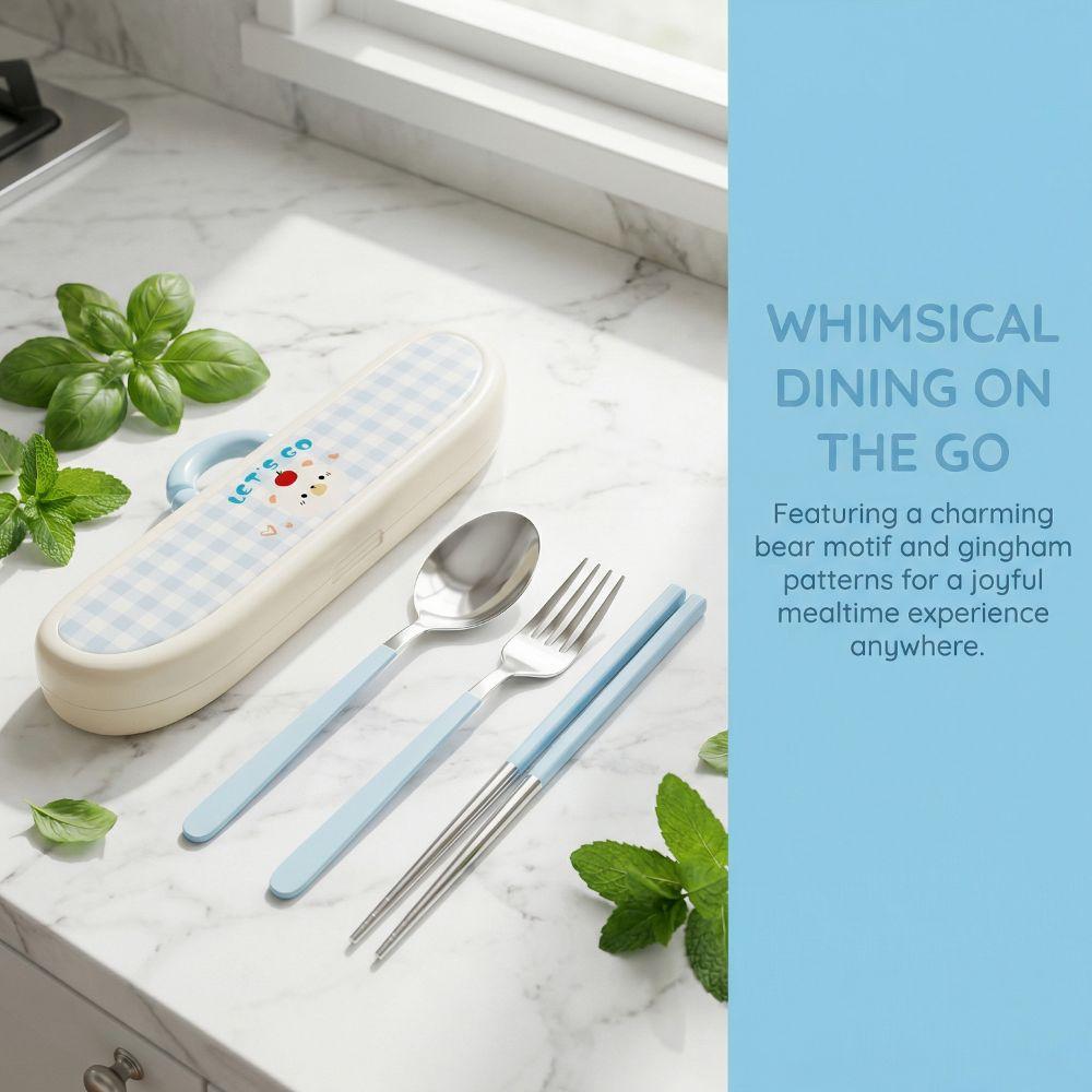 Stainless Steel Chopsticks Three-piece Set Cartoon Pattern Fork Dining Utensils Kit  Office Use