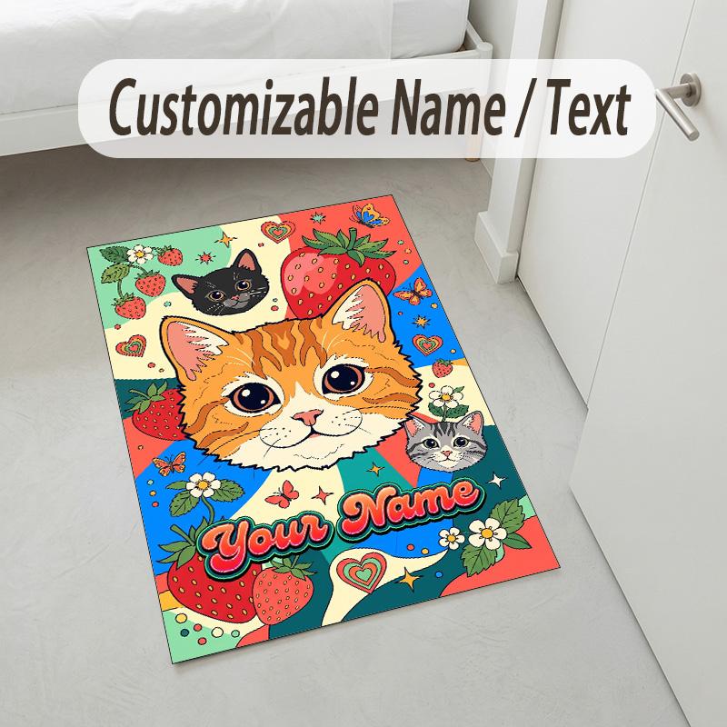 Cat Theme Crystal Velvet Rug Personalized Custom Name Text Soft Floor Mat Home Decor
