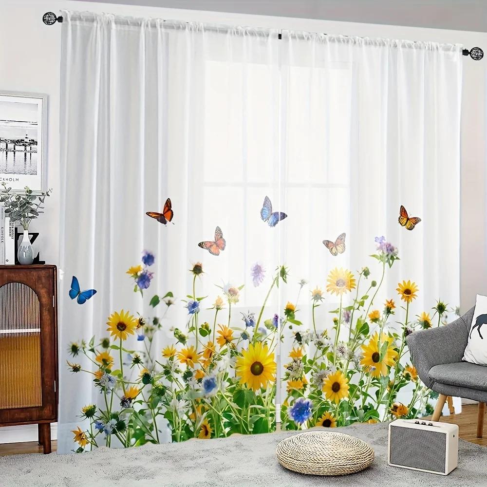 2pcs Sunflower Pattern Semi-sheer Curtains Decorative Window Drapes Window Treatments For Bedroom Living Room Home Decoration
