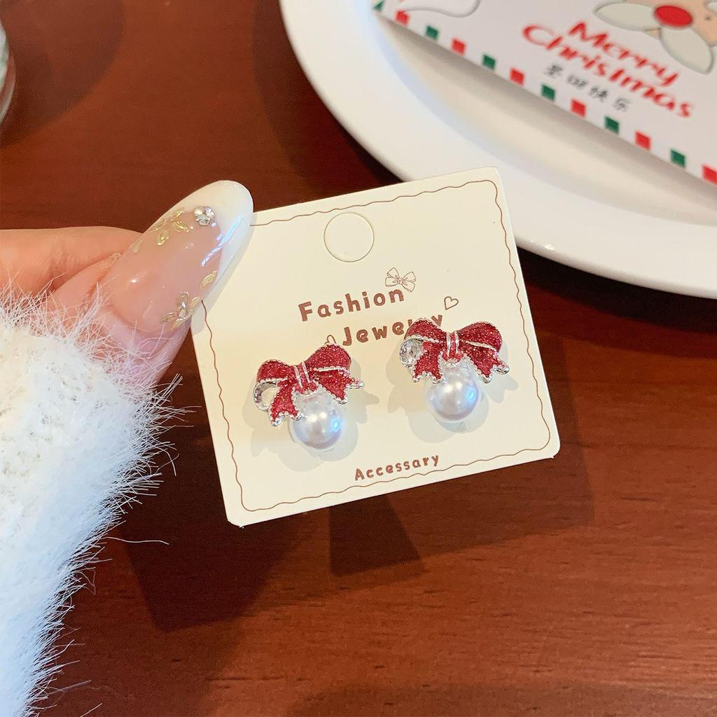 Silver Needle Snowman Santa Bow Stud Earrings - Festive Cartoon Design for Women