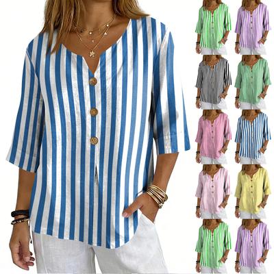 Women’s Vertical Stripe Button Down V Neck Blouse with 3/4 Sleeve Relaxed Fit Casual Top for Daily Office Wear