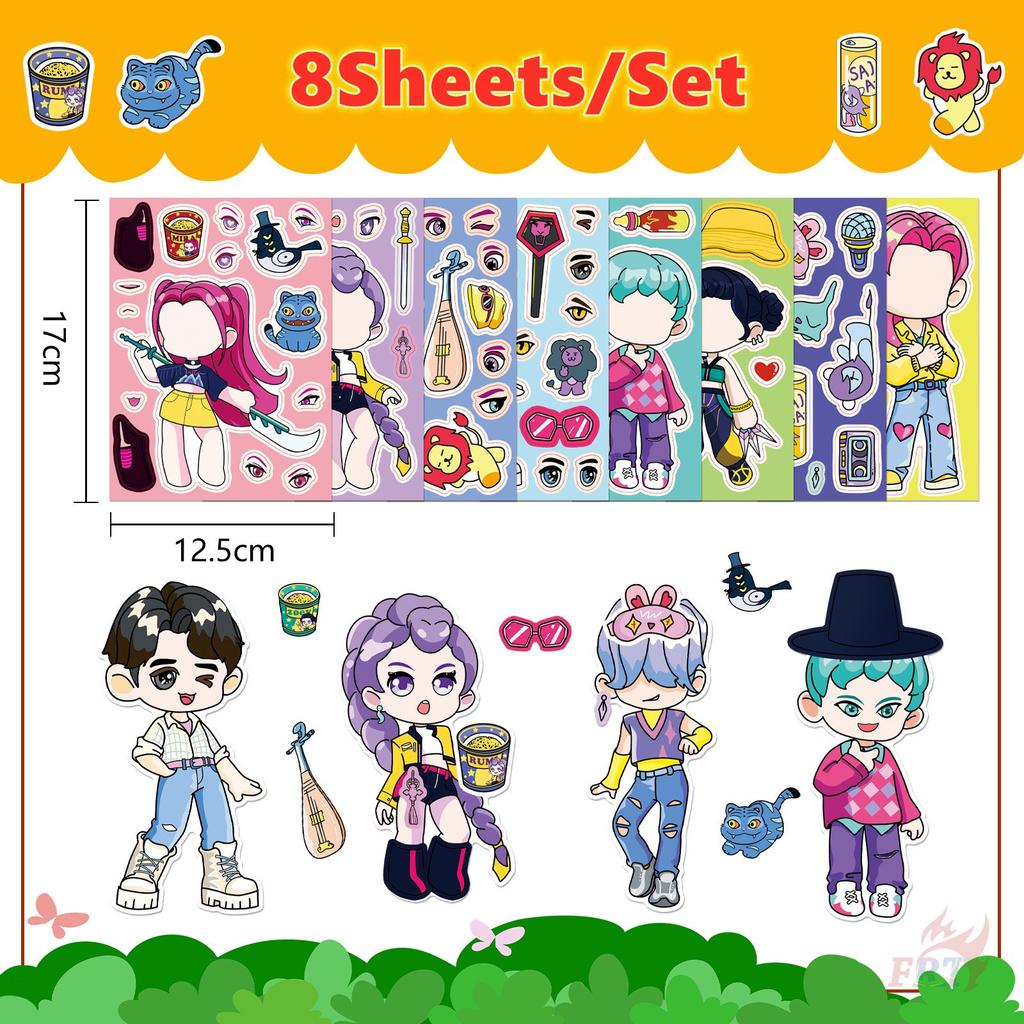 8Sheets/Set KPop Demon Hunters. Make A Face Series 02 Kids Funny Puzzle Stickers DIY Fashion Waterproof Doodle Decals Stickers