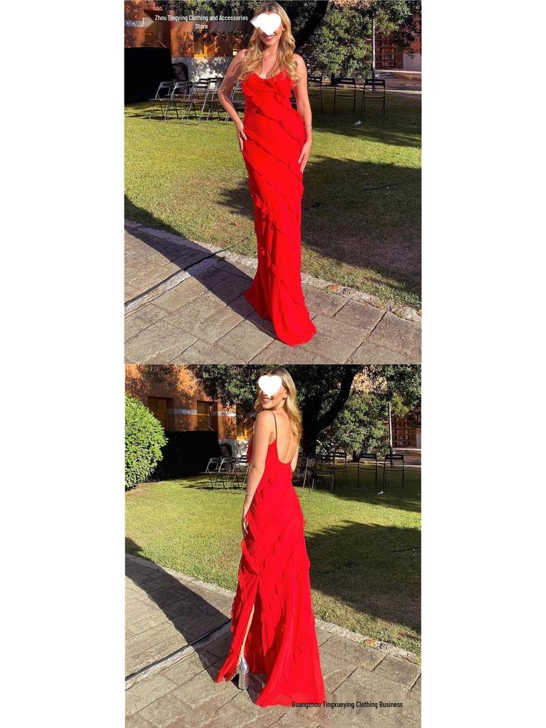 European-American Backless Spaghetti Strap Wave Slim-Fit Slit Maxi Dress
