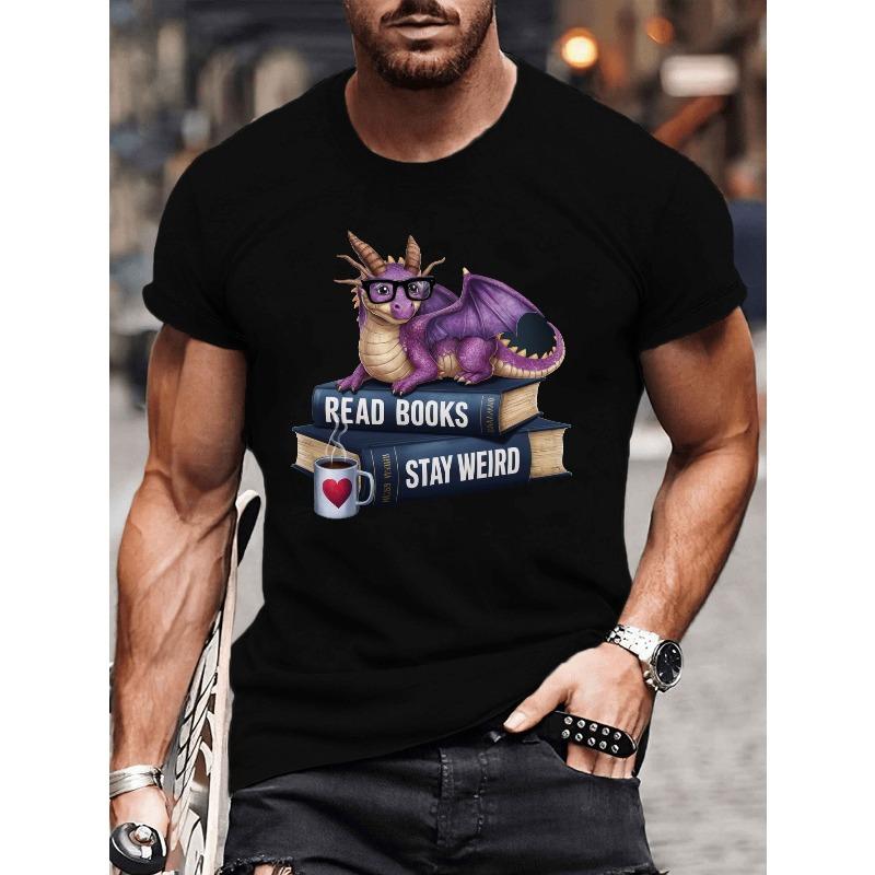 

Men s Read Books Stay Weird Dragon Graphic T-Shirt - Casual Short Sleeve Tee for Big & Tall, Machine Washable, Summer Wear 2XL чёрный