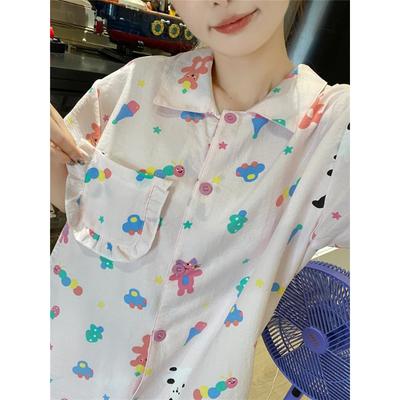 Kadın Pijama Yaz Kısa Kollu Uyku Giyim Seti Çizgi Film Sevimli Ayı Baskılı Pijama Kadın Fırfırlı Ev Gece Giyim Seti Hırka