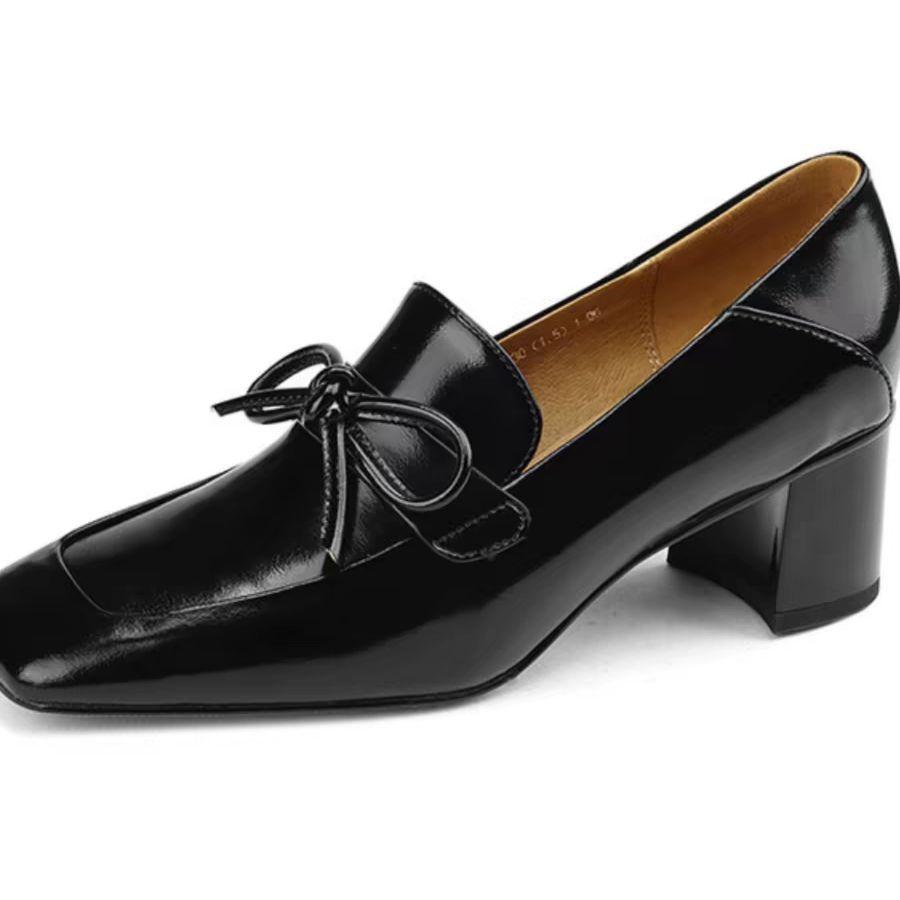 Retro square head British style small leather shoes women's 2025 spring and autumn new bow thick heel high heels deep mouth single shoes