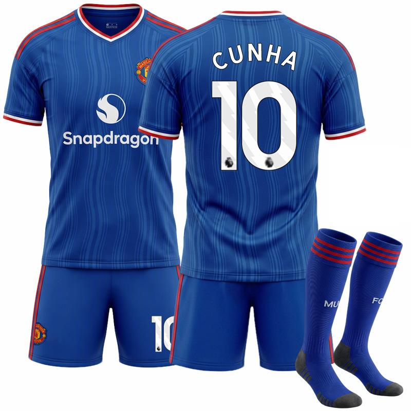2627 Manchester United Jersey No. 10 Cunha Football Uniform M United Suit Red Devils Mbemo Away Blue