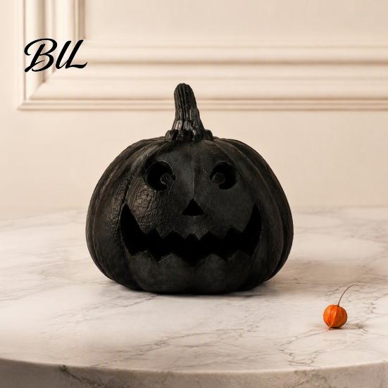 Gothic Home Decoration Halloween Pumpkin Figurine, Black Resin Spooky Face Sculpture, Durable Seasonal Table Centerpiece Tabletop for Mantel Fireplace
