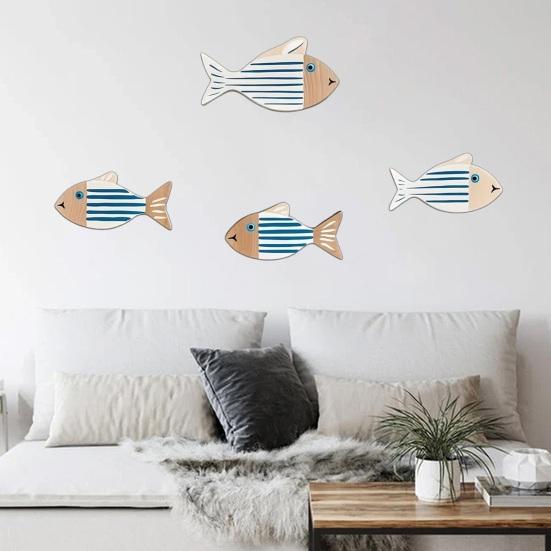 4 Pcs Rustic Wood Fish Wall Art Beach Nautical Wall Hanging Decor Ocean Coastal Theme Fish Wall Sculpture for Home Bathroom Bedroom Lake House