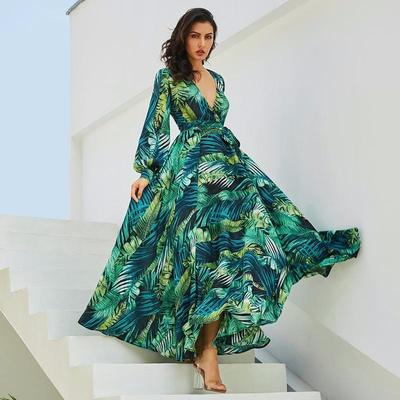 2022 Spring and Summer New Women's Dress Lantern Sleeve Printing Sexy V-neck Leaf Swing Skirt