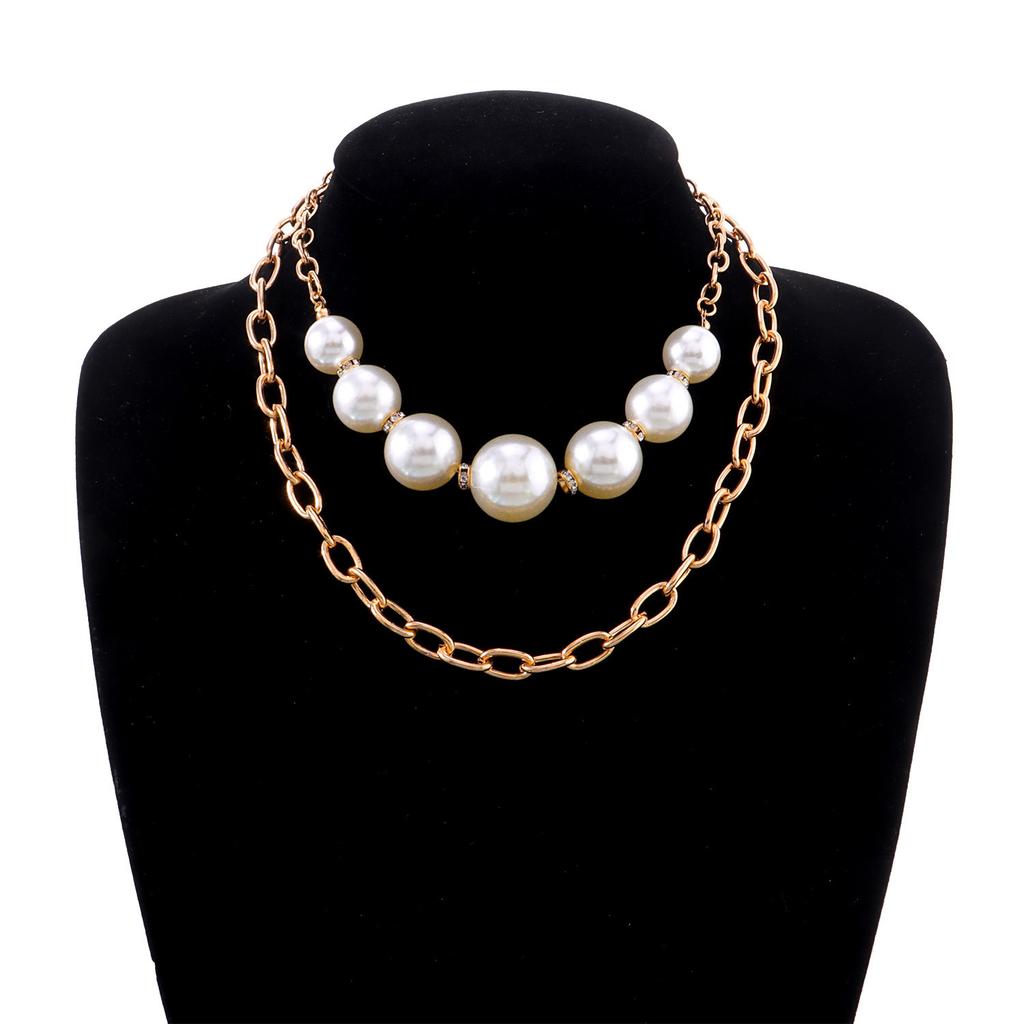 Diamond-set large pearl multi-layer necklace women, personalized retro exaggerated punk chain necklace