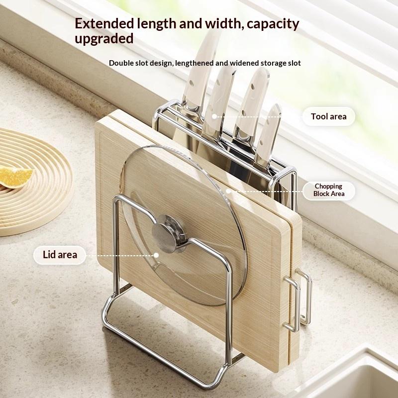 Soporte para cuchillos de acero inoxidable para encimera de cocina, tabla de cortar, estante de almacenamiento de cuchillos con drenaje tridimensional.