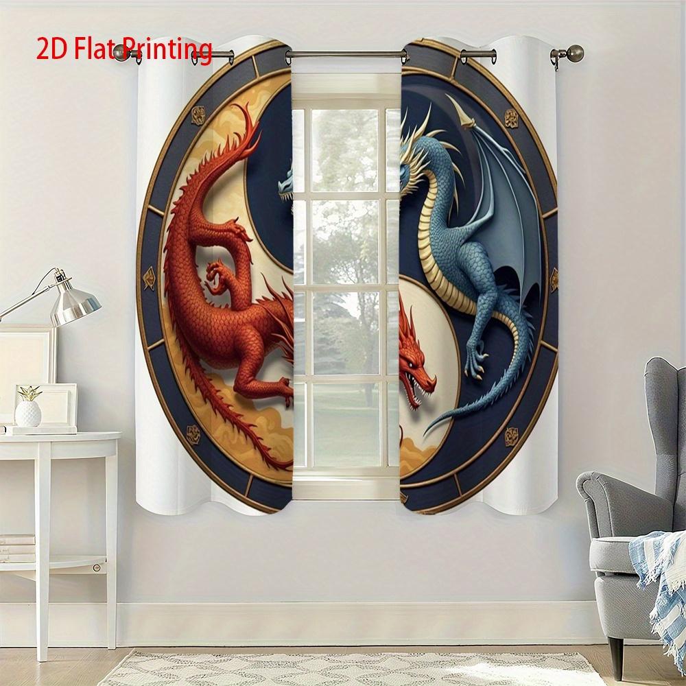 2pcs   2D Flat Printing Curtains with Yin Yang Red And Blue Dragons Pattern for Home Decor. Grommet Curtains Made of Suede