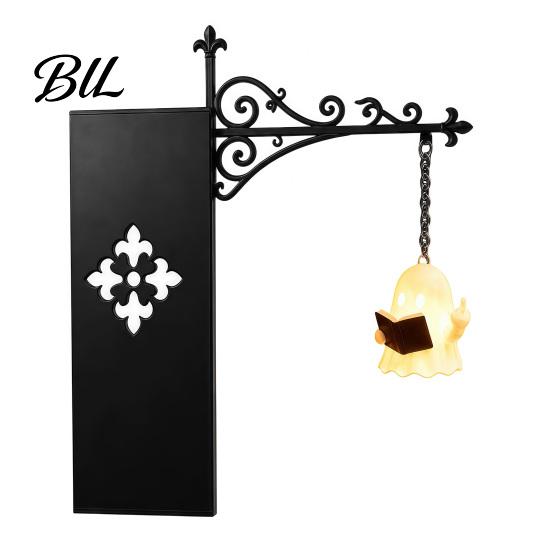 Halloween Party Decoration Library Lantern Bookshelf Lamp, Vintage Metal LED Nightlight for Book Nook Decor, Desktop Decorative Ornament Ghost Reading