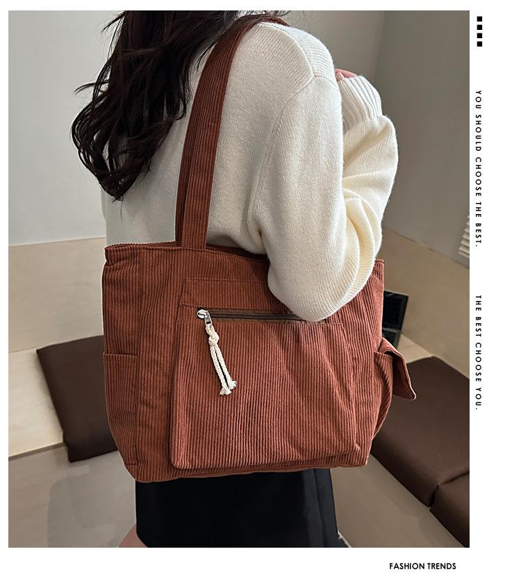Simple Corduroy Tote Bag, Solid Color Shoulder Bag, Retro Multi Pockets Handbag for School Work Shopping Gift