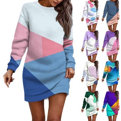 Women's Round Neck Geometric Long Sleeve Hip-wrapped Dress Sweater Dress