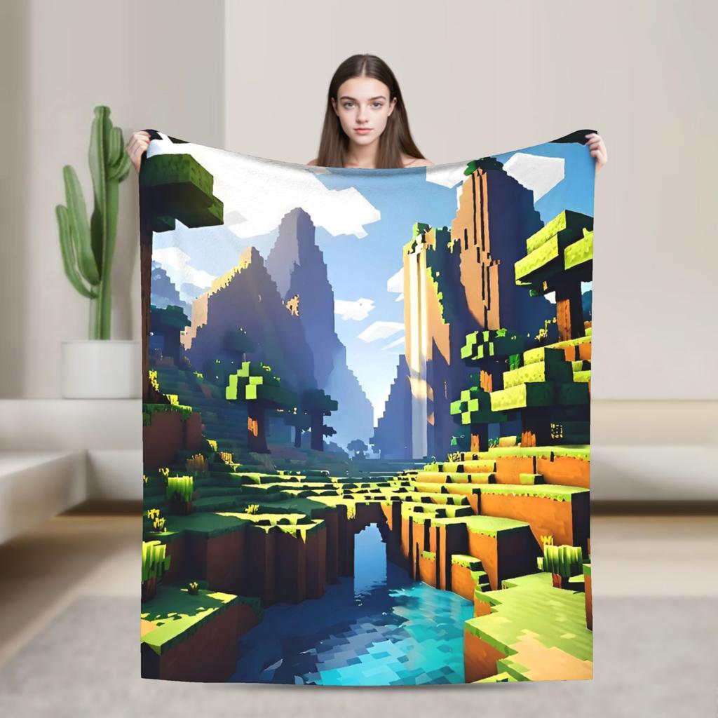 Super Soft Plush Bedding Throws Cartoon Mines Pixels Game  Blankets  For Couch Bed Camping Flannel Bedspread Bed Cover