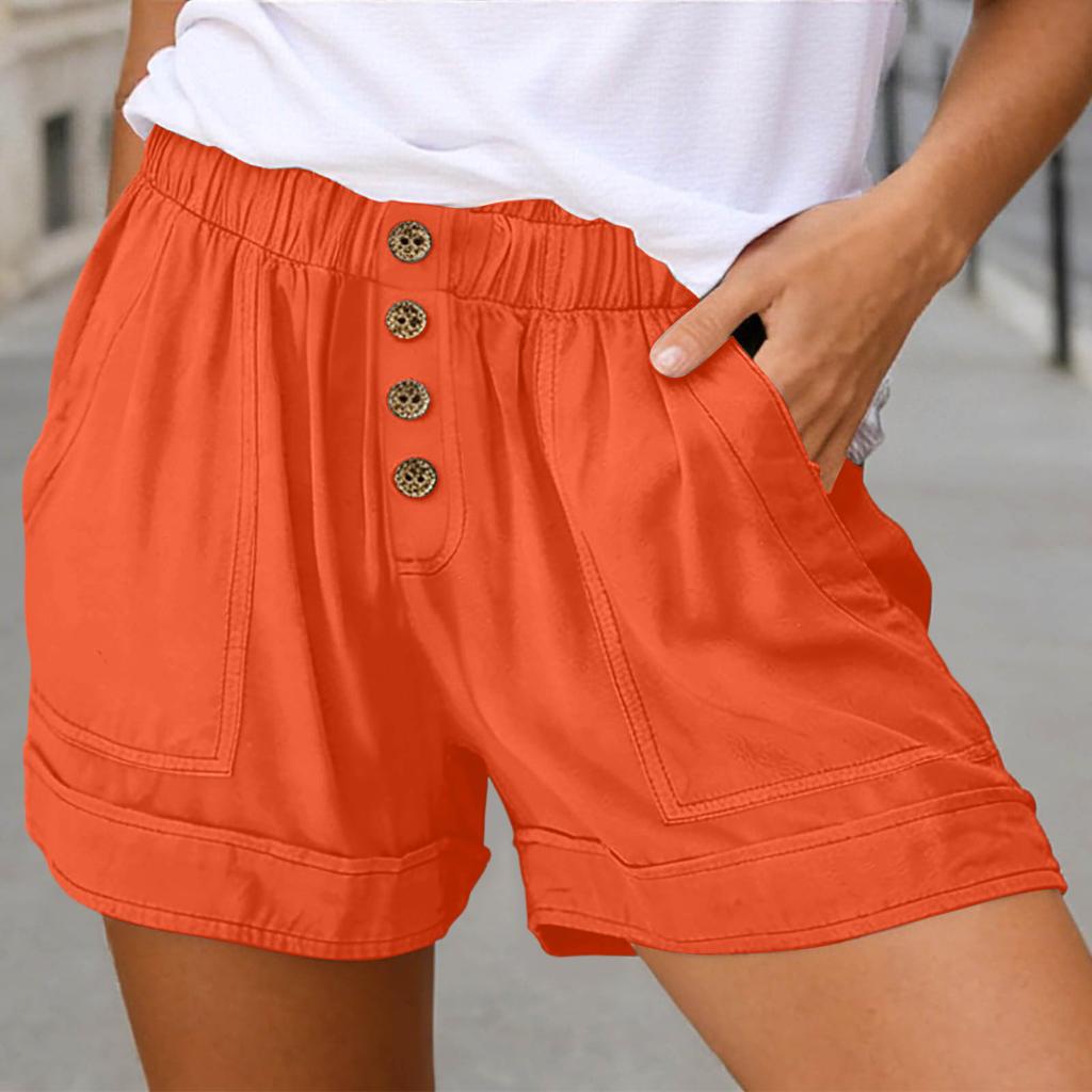 Damen Farbe Lässige Shorts Hohe Taille Mit Knöpfen Taschen Locker Weites Bein Hosen