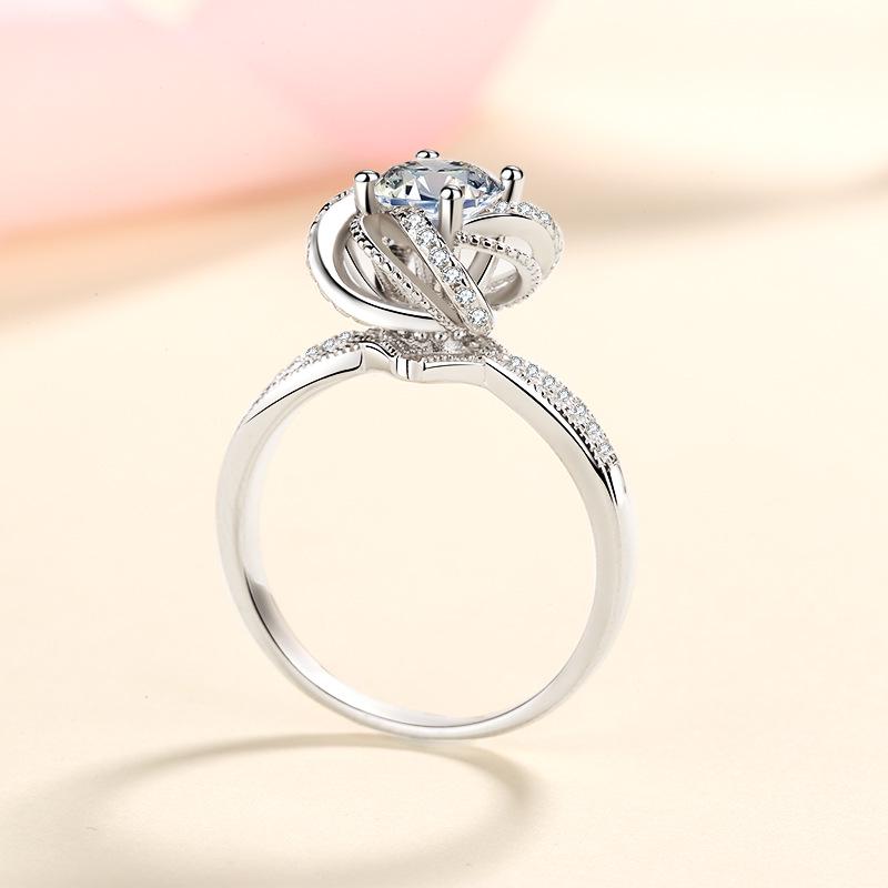 

XDY 925 Sterling Silver Moissanite Flower Ring with Fountain Micro-Pave Diamonds, Available in 1 or 2 Carat Size 12