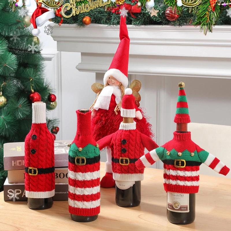 1pcs Christmas Wine Bottle Covers Cartoon Santa Snowman Knitted Red Wine Bottle Bags New Year Party Xmas Dinner Table Decoration