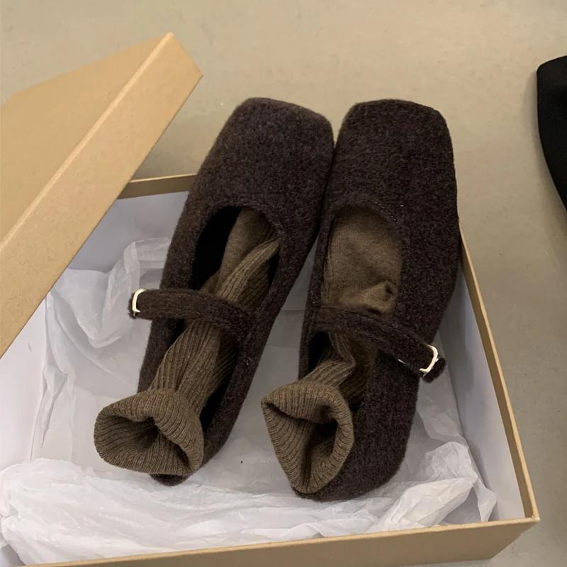 Fashion Square Toe Fleece Flet Ballet Flats Woman Winter Warm Wool Mary Jane Shoes Ladies Brand Design Elegant Plush Loafers