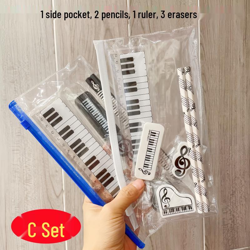 Music Note Pattern Student Stationery: Wooden Pencil and Eraser Set for Children