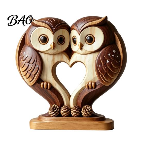 Hand Polished Wood Decor Wooden Animal Ornament with Stable Base, Double Layer Carved Figurine, Rustic Crafts for Office Heart Shape Sculpture