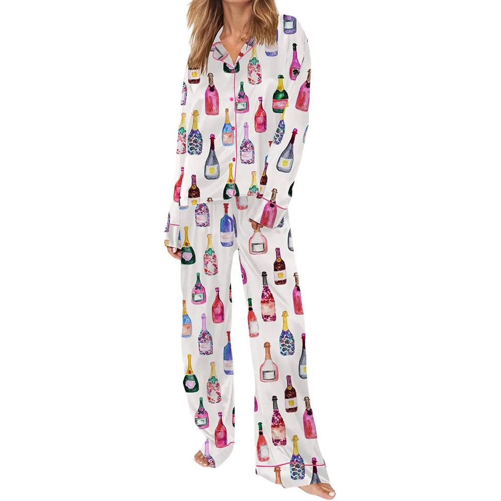 Pigiama da donna in raso Set da 2 pezzi Bottiglia di champagne Calici da vino Camicia a maniche lunghe con bottoni Pantaloni Raso Seta Abbigliamento da casa