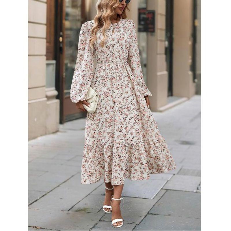 

Милый Весенне-Осенний Новинка Мода Круглый Вырез Мелкий Цветочный Модный Элегантное Платье с Воланами и Длинными Рукавами Платье Платье Платье Apricot pink XL