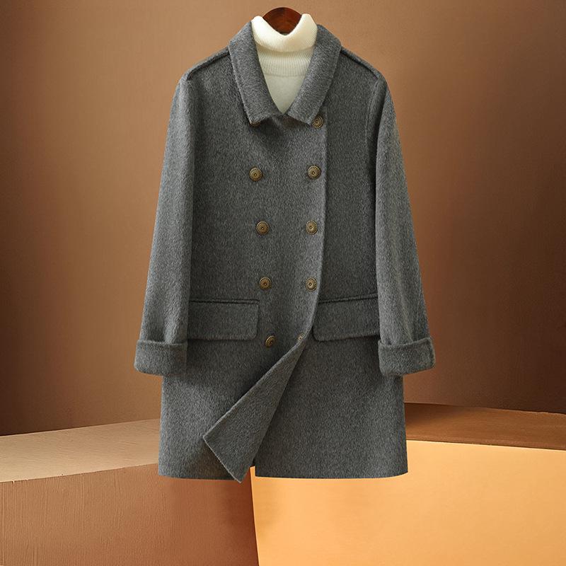 Elegant Double-Breasted Mid-Length Women's Wool Coat in Solid Color - Autumn/Winter Small Fragrance Style