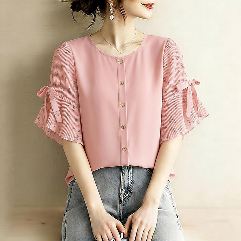 

ZANZEA Women Floral Print Splice Short Sleeve Loose Casual Crew Neck Blouse M розовый