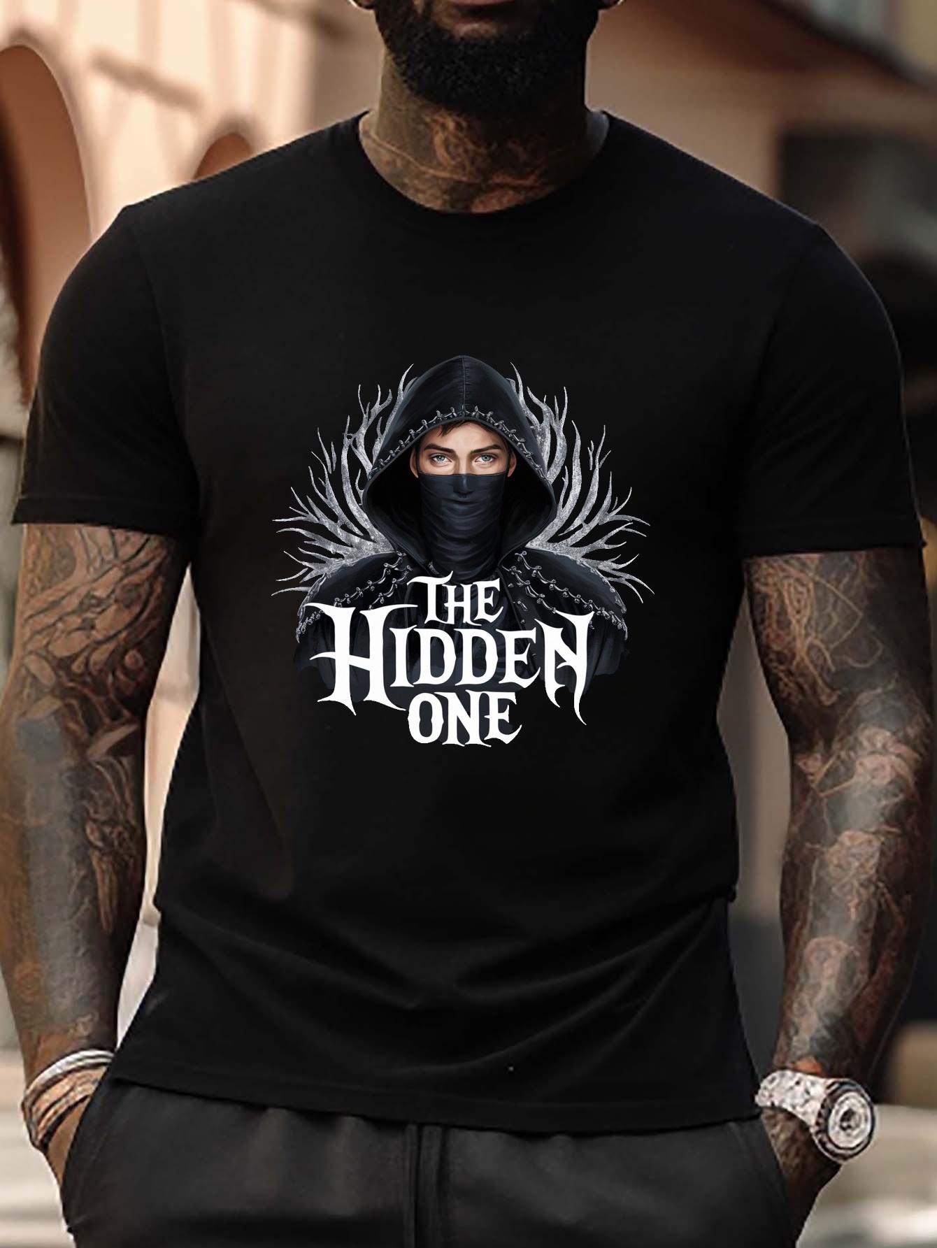 

Cloak The Hidden One Gothic Graphic T-shirt - Plus Size Short Sleeve Summer Tee with Hooded Cloak & Branches Design XXL