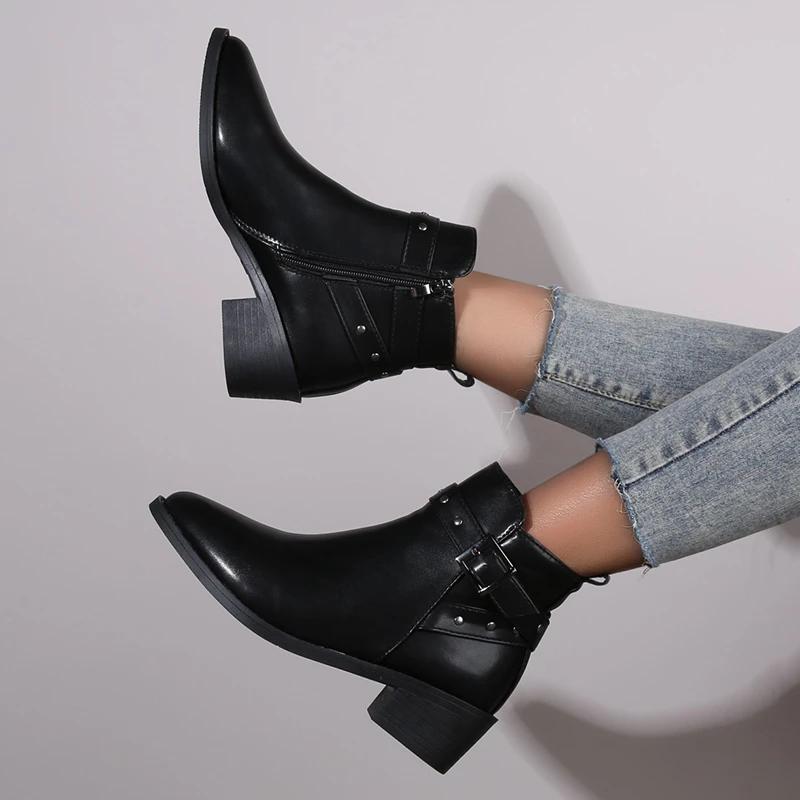 

Женская обувь Высококачественные женские ботинки на молнии с модными заклепками для офиса и карьеры Фирменные новые однотонные ботильоны с круглым носком Zapatos